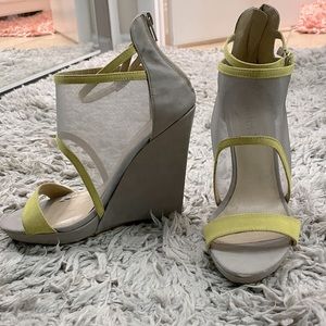 Sheer neon yellow and grey wedge heels , super comfy.